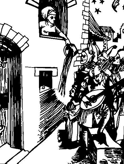 A black and white sketch depicts a woman emptying a chamber pot from her window onto the street.  There are a group of musicians below.